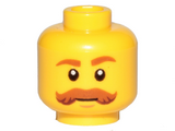 Yellow Minifigure, Head Moustache Brown Bushy Curled, Brown Eyebrows, White Pupils Pattern - Hollow Stud