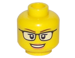 Yellow Minifigure, Head Female Glasses Black, Brown Eyebrows, Open Mouth Smile with Peach Lips Pattern - Hollow Stud