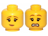 Yellow Minifigure, Head Dual Sided Female Brown Eyebrows, Peach Lips, Pensive Smile / Scared Pattern - Hollow Stud