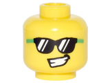 Yellow Minifig, Head Bright Green and Black Sunglasses, Lopsided Open Smile Pattern - Stud Recessed