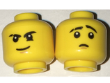 Yellow Minifig, Head Dual Sided Black Eyebrows (one Scarred), White Pupils, Brown Chin Dimple, Firm Grin / Worried Pattern - Hollow Stud