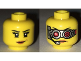 Yellow Minifigure, Head Dual Sided Female Black Eyebrows, Eyelashes, Lopsided Grin with Pink Lips / Mechanical Goggles and Headset Pattern - Hollow Stud