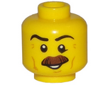 Yellow Minifig, Head Moustache Brown Bushy, Black Eyebrows, Cheek Lines, Smile, White Pupils Pattern - Stud Recessed