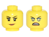 Yellow Minifigure, Head Dual Sided Female Black Eyebrows, Eyelashes, Dark Orange Lips / Blue Rimmed Eyes, Gold Pupils, Open Mouth Angry Pattern - Hollow Stud