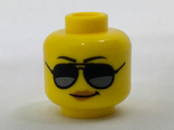 Yellow Minifigure, Head Female with Black and Silver Sunglasses, Black Eyebrows, Peach Lips Pattern - Hollow Stud