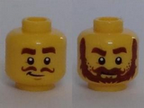 Yellow Minifigure, Head Dual Sided Brown Thick Eyebrows, Curly Moustache, Smirk / Thick Moustache, Bushy Beard Pattern - Hollow Stud