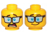 Yellow Minifigure, Head Dual Sided Blue Tinted Glasses, Dark Brown Eyebrows, Shocked / Smile Pattern - Hollow Stud