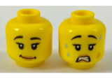 Yellow Minifigure, Head Dual Sided Female Black Eyebrows, Eyelashes, Peach Lips, Lopsided Smile / Scared Open Mouth with Teeth Pattern - Hollow Stud