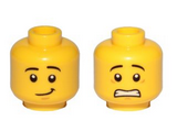 Yellow Minifigure, Head Dual Sided Black Eyebrows, White Pupils, Scared / Lopsided Smile Pattern - Hollow Stud