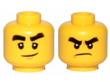 Yellow Minifig, Head Dual Sided Black Bushy Eyebrows, Smile / Angry Pattern (Cole) - Hollow Stud