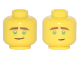 Yellow Minifigure, Head Dual Sided Reddish Brown Eyebrows, Green Eyes, Crooked Smile / Concerned Pattern (Lloyd) - Hollow Stud
