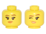 Yellow Minifigure, Head Dual Sided Female Reddish Brown Eyebrows, Medium Nougat and Orange Lips, Crooked Smile / Winking Pattern - Hollow Stud