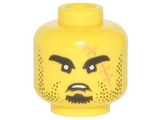Yellow Minifigure, Head Black Eyebrows, Goatee, Stubble and Large Medium Nougat Scar with Stitches Pattern - Hollow Stud