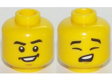 Yellow Minifigure, Head Dual Sided Male Black Eyebrows, Wide Smile, Chin / Eyes Closed, Singing Pattern - Hollow Stud