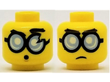 Yellow Minifigure, Head Dual Sided Glasses Round with Bright Light Blue Lenses and Black Frames, Frown / Surprised Pattern (Steve) - Hollow Stud