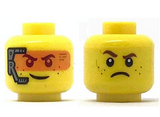 Yellow Minifigure, Head Dual Sided Smile with Silver Headset and Orange Head-Up Display (HUD) / Frown Pattern - Hollow Stud