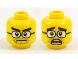 Yellow Minifigure, Head Dual Sided Thick Black Eyebrows and Stubble, Brown Glasses, Stern / Mouth Open Alarmed Pattern - Hollow Stud