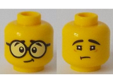 Yellow Minifigure, Head Dual Sided Large Black Round Glasses, Black Eyebrows / Sad Face with No Glasses Pattern - Hollow Stud