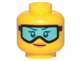 Yellow Minifigure, Head Female Glasses with Light Blue Ski Goggles, Orange Lips and Smile Pattern - Hollow Stud
