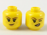 Yellow Minifigure, Head Dual Sided Female Reddish Brown Eyebrows, Medium Nougat Freckles and Lips, Small Smirk / Left Eye Squinted Pattern - Hollow Stud