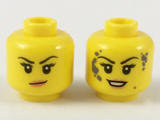 Yellow Minifigure, Head Dual Sided Female Black Eyebrows, Peach Lips, Smirk / Smile with Dark Bluish Gray Mud Splotches Pattern - Hollow Stud
