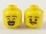 Yellow Minifigure, Head Dual Sided Reddish Brown Eyebrows and Moustache, Large Smile with Eyes Closed / Smirk Pattern - Hollow Stud