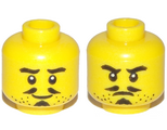 Yellow Minifigure, Head Dual Sided Beard Stubble, Thick Eyebrows, Pencil Moustache, Soul Patch, Smile / Frown Pattern - Hollow Stud