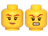 Yellow Minifig, Head Dual Sided Female Brown Eyebrows, Peach Lips, Smile / Angry Pattern (Skylor) - Hollow Stud