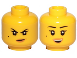 Yellow Minifigure, Head Dual Sided Female Black Eyebrows, Beauty Mark, Dark Tan Lips, Crooked Smile / Open Mouth Smile Pattern - Hollow Stud