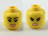 Yellow Minifigure, Head Dual Sided Female Black Eyebrows, Freckles, Eyelashes, Pink Lips, Open Mouth Smile with Wide Top / Angry Pattern (Lucy) - Hollow Stud