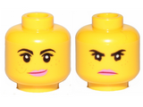 Yellow Minifigure, Head Dual Sided Female Black Eyebrows, Freckles, Eyelashes, Pink Lips, Smile / Angry Pattern (Lucy Wyldstyle) - Hollow Stud