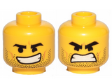 Yellow Minifigure, Head Dual Sided Black Eyebrows, Stubble, Open Smile / Open Mouth Angry Pattern (Rex Dangervest) - Hollow Stud
