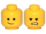 Yellow Minifigure, Head Dual Sided Lopsided Smile / Angry Pattern (Emmet) - Hollow Stud