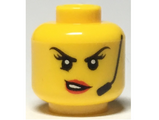 Yellow Minifigure, Head Female Black Eyebrows, Headset, Red Lips with Open Mouth, Crooked Smile / Scowl Pattern - Hollow Stud