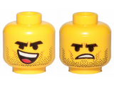 Yellow Minifigure, Head Dual Sided Black Eyebrows, Stubble, Open Smile, Tongue / Angry Pattern (Rex Dangervest) - Hollow Stud
