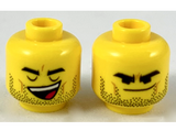Yellow Minifigure, Head Dual Sided, Black Thick Eyebrows and Stubble, Closed Eyes Open Mouth / Smirk with Lowered Eyebrows Pattern - Hollow Stud