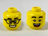 Yellow Minifigure, Head Dual Sided, Black Eyebrows, Black Glasses and Smile with Teeth / Raised Eyebrows and Open Mouth Smile Pattern - Hollow Stud