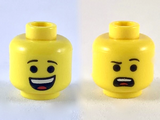 Yellow Minifigure, Head Dual Sided Large Open Mouth Grin / Confused with Left Eyebrow Raised and Open Mouth Pattern (Emmet) - Hollow Stud