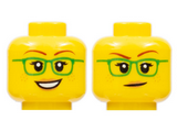 Yellow Minifigure, Head Dual Sided Female Green Glasses, Smile / Closed Mouth Pattern - Hollow Stud