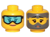 Yellow Minifigure, Head Dual Sided Female Light Blue Goggles, Orange Lips, Smile / Covered with Dirt, Goggles Outline Pattern - Hollow Stud