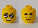 Yellow Minifigure, Head Dual Sided Thick Black Eyebrows, Black Sunglasses, Smile with Teeth / White Pupils, Closed Mouth Pattern - Hollow Stud