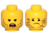 Yellow Minifigure, Head Dual Sided Stubble, Angry / Stubble Blurred, Sad Pattern (Emmet) - Hollow Stud