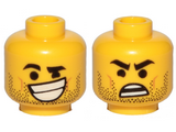 Yellow Minifigure, Head Dual Sided Black Eyebrows, Stubble, Lopsided Grin with Teeth / Surprised Pattern (Rex Dangervest) - Hollow Stud