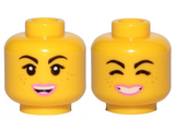 Yellow Minifigure, Head Dual Sided Female Black Eyebrows, Freckles, Eyelashes, Pink Lips, Open Mouth Smile / Cheerful Pattern (Lucy) - Hollow Stud