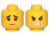 Yellow Minifigure, Head Dual Sided Female Black Raised Eyebrows, Freckles, Eyelashes, Pink Lips, Smile / Furious Pattern (Lucy) - Hollow Stud