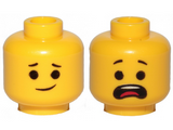 Yellow Minifigure, Head Dual Sided Lopsided Smile / Open Mouth Scared, Raised Eyebrows Pattern (Emmet) - Hollow Stud