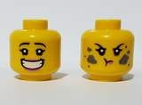 Yellow Minifigure, Head Dual Sided Female, Pink Lips Big Smile with Teeth / Dirt Stains, Angry Pattern - Hollow Stud