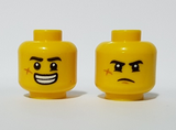 Yellow Minifigure, Head Dual Sided Black Eyebrows, Cut on Cheek, Open Mouth Smile with Teeth / Angry Pattern - Hollow Stud