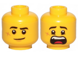 Yellow Minifigure, Head Dual Sided Black Eyebrows, Cut on Cheek, Lopsided Smile / Scared Pattern - Hollow Stud