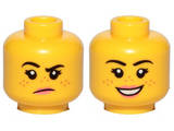 Yellow Minifigure, Head Dual Sided Female, Freckles, Pink Lips, Raised Right Eyebrow, Grumpy / Smile Pattern - Hollow Stud